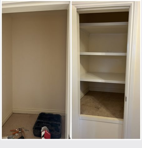 Empty cupboard before and after installation of shelves, with tools on the floor.